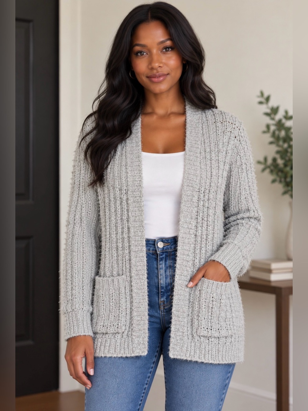 t/o Light Gray Textured Open-Front Cardigan Sweater | Size M